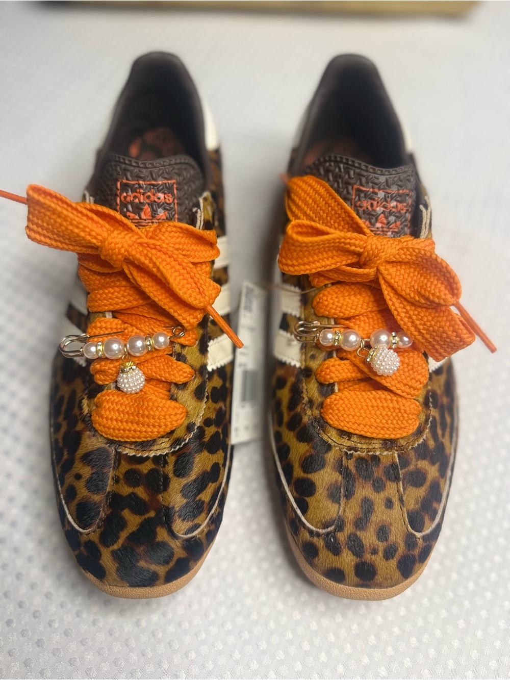 adidas Leopard Print Sneakers with Orange Laces and Pearl Charms - Picture 1 of 9